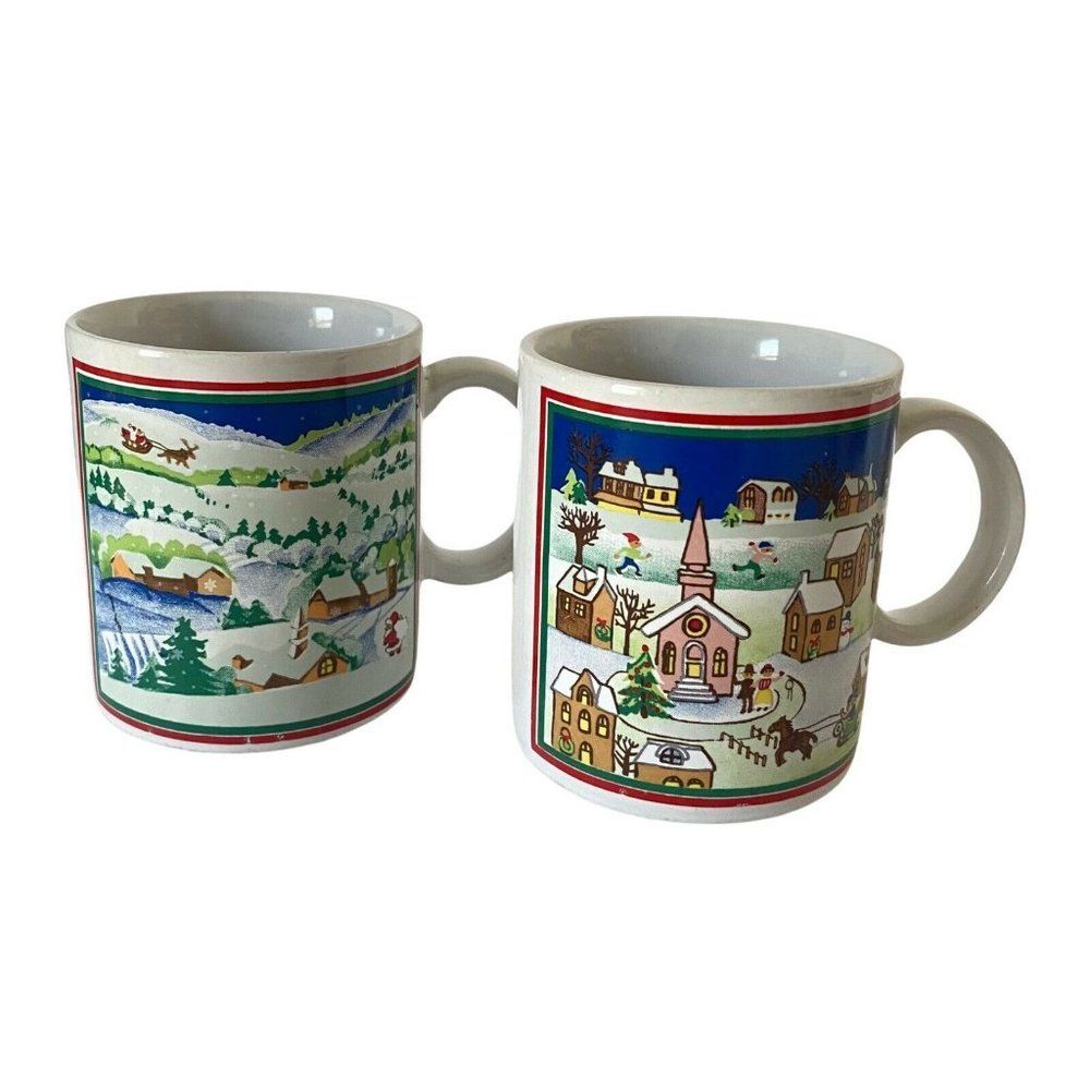 Vintage Set of 2 Ceramic Holiday Festive Design Mugs Christmas Santa Village